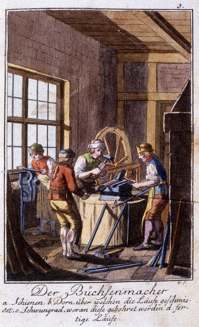 Oficio artesanal: el arcabucero en su taller. En “Descripción completa de artes y oficios y talleres para jóvenes” por Johan Peter Vue. Ed. Núremberg, Weigel y Schneider de Unknown artist