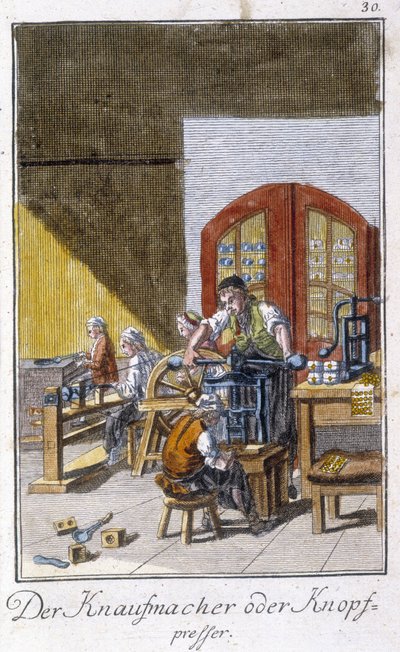 Artesanía: el fabricante de botones en su taller. En “Descripción integral de artes y oficios y talleres para jóvenes” por Johan Peter Vue. Ed. Núremberg, Weigel y Schneider de Unknown artist