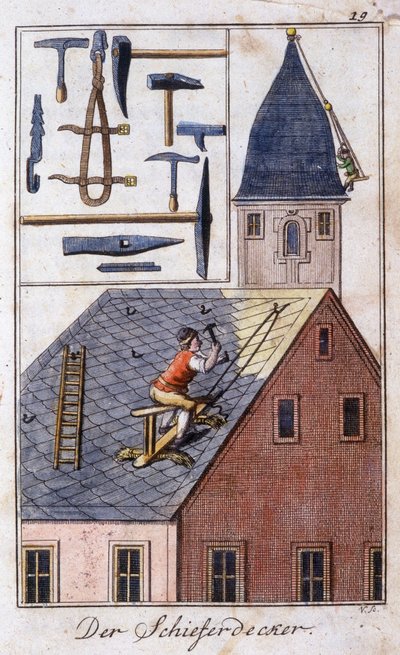 Oficio artesanal: el techador de pizarra y sus herramientas de trabajo. En “Descripción integral de artes y oficios y talleres para jóvenes” por Johan Peter Vue. Ed. Nuremberg, Weigel y Schneider de Unknown artist
