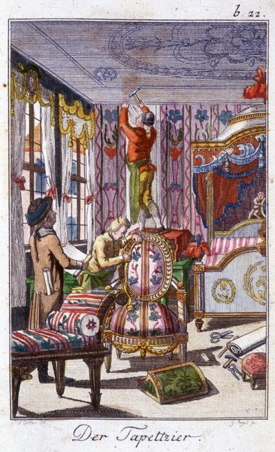 Oficio artesanal: el tapicero. En “Descripción completa de artes y oficios y talleres para jóvenes” por Johan Peter Vue. Ed. Núremberg, Weigel y Schneider de Unknown artist