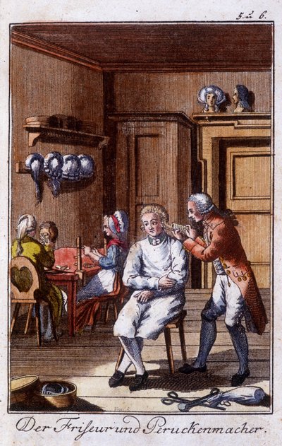 Oficios: peluquero y fabricante de pelucas en su taller. En “Descripción completa de artes y oficios y talleres para jóvenes” por Johan Peter Vue. Ed. Nuremberg, Weigel y Schneider de Unknown artist