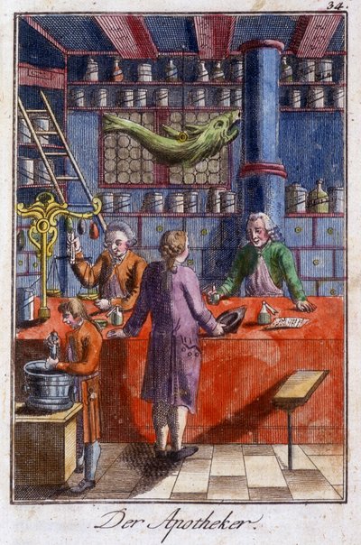 Oficios: el boticario (farmacéutico) en su taller. En “Descripción completa de artes y oficios y talleres para jóvenes” por Johan Peter Vire. Ed. Núremberg, Weigel y Schneider de Unknown artist