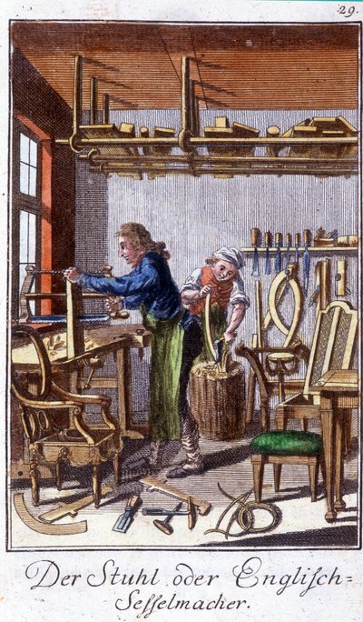 Artesanía: el fabricante de sillas en su taller. En “Descripción completa de artes y oficios y talleres para jóvenes” por Johan Peter Vue. Ed. Nuremberg, Weigel y Schneider de Unknown artist