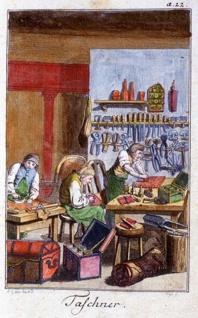 Oficios: el pochetier y el gibecier en su taller. En “Descripción integral de artes y oficios y talleres para jóvenes” por Johan Peter Vue. Ed. Nuremberg, Weigel y Schneider de Unknown artist
