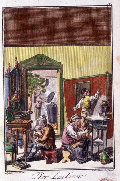 Artesanía: el barnizador en su taller. En “Descripción integral de artes y oficios y talleres para jóvenes” por Johan Peter Vue. Ed. Núremberg, Weigel y Schneider de Unknown artist