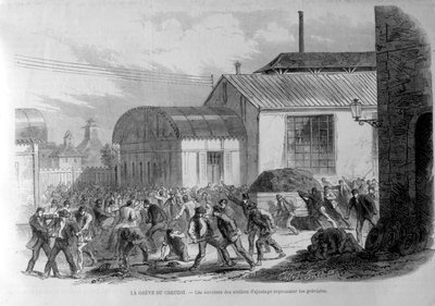 Huelga de Creusot. Los trabajadores de los talleres de ajuste repeliendo a los huelguistas. Grabado siglo XIX. de Unknown artist