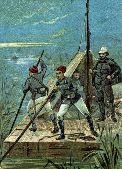 Cruzando los pantanos de Bahr el Ghazal en África por la misión Marchand en 1899. Cromolitografía de Liebig del siglo XIX de Unknown artist