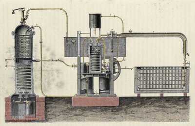 Corte del aparato industrial de Ferdinand Carre (1824-1894) para hacer hielo. Grabado del siglo XIX de Unknown artist