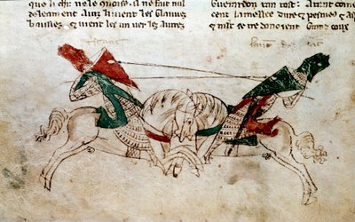Ciclo del Rey Arturo: Batalla de Lancelot y Tristán. Miniatura tomada de El romance de Meliadus de Leonnoys: junto con varios otros nobles hechos de caballería realizados por el Rey Arturo, Palamedes y Galliot de Pre por Rustichello de Pisa de Unknown artist