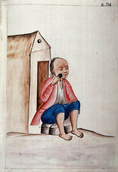 Vida cotidiana y costumbres de Perú: "Indio afeitándose la barba en su puerta" Acuarela tomada del libro "Trujillo del Perú" por Baltasar Martínez Compañón y Bujanda, obispo de Trujillo (1782-1785). Siglo XVIII Madrid. Biblioteca del Palacio Real de Unknown artist