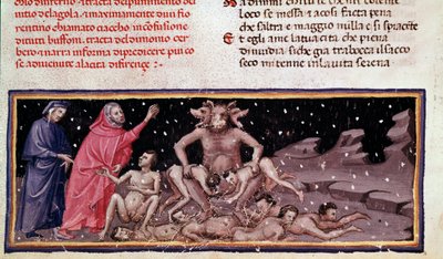 Dante y Virgilio encuentran a Ciacco y Cerbero con los glotones (canto 9 del Infierno, en la Divina Comedia) - miniatura de Unknown artist