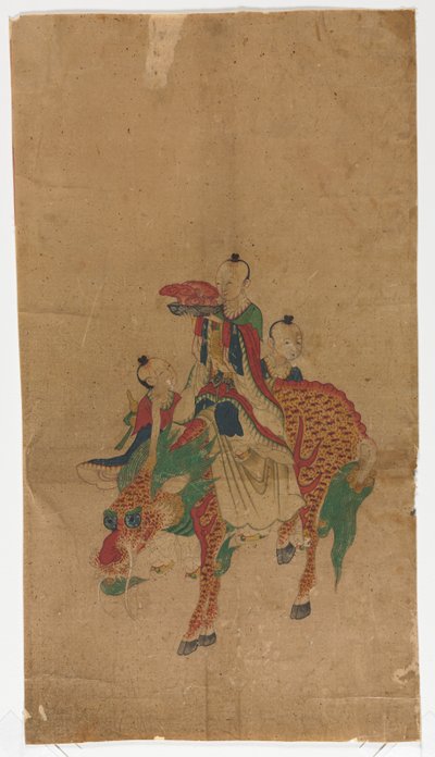 Inmortal taoísta en un Qilin y dos asistentes de Unknown artist