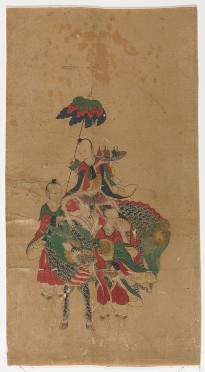 Inmortal taoísta en un Qilin y dos asistentes de Unknown artist