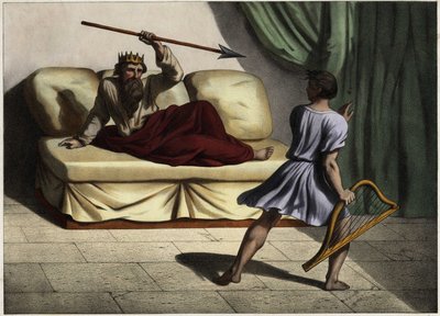 David tocando la cítara ante el rey Saúl para calmarlo. Grabado anónimo de mediados del siglo XIX de Unknown artist