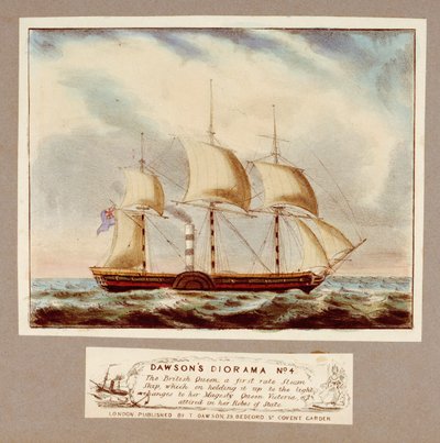 Diorama nº 4 de Dawson. La Reina Británica, un barco de vapor de primera clase, que al mirarlo al trasluz se transforma en Su Majestad la Reina Victoria vestida con sus ropas de Estado, c.1838 (litografía, coloreada). de Unknown artist