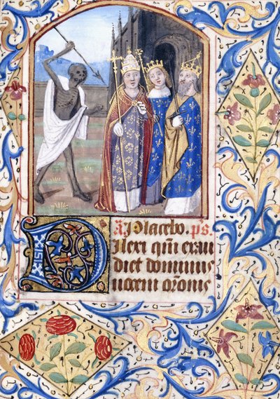 La muerte con su lanza apuntando a tres figuras, un Papa, un Rey, un Rey y una Reina, de pie frente a una iglesia gótica, c.1470 de Unknown artist