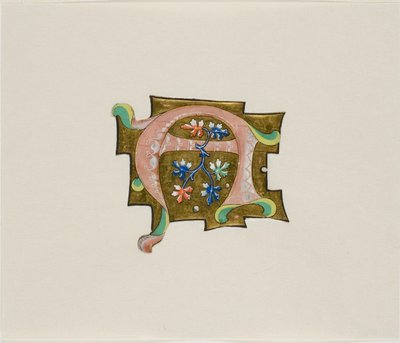Inicial "A" decorada en rosa con seis hojas y dos bolas, de un libro coral de Unknown artist