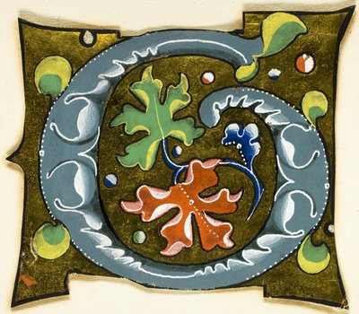 Inicial "G" decorada en gris con hojas rojas, verdes y azules de un manuscrito de Unknown artist