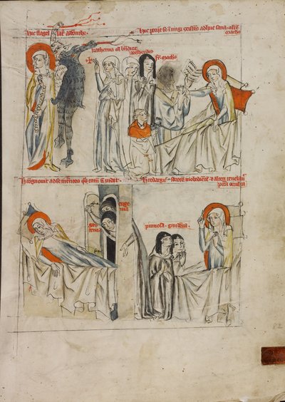 Demonios flagelando a Santa Eduviges y Santa Eduviges pidiendo la extremaunción; Santa Eduviges exigiendo penitencia a dos monjas que entraron en su habitación de enferma. de Unknown artist