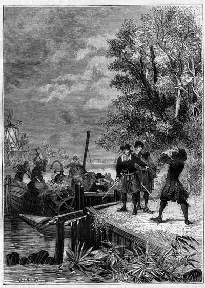 Denis Papin (1647-1712) físico, matemático e inventor francés, observa su barco equipado con su nueva invención, un sistema de máquina de vapor aún desconocido, destruido por barqueros para vender algunas piezas. Grabado en "La Nature" de Unknown artist