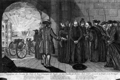 Deportación de los Jesuitas el 21/07/1773: Expulsión de los Jesuitas de los estados del Rey de España, Nápoles y el Ducado de Parma, sus órdenes prohibidas en Francia y Portugal. Grabado de principios del siglo XIX de Unknown artist