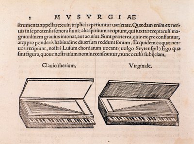 Descripción de clavicémbalo y espineta. Página de Musurgia seu praxis musicae de Unknown artist