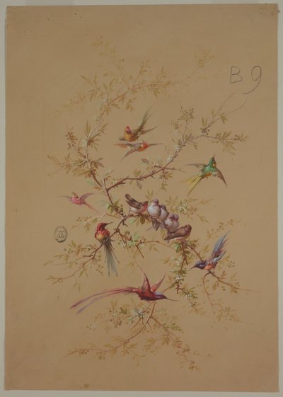 Diseño para papel tapiz y textil: Flores y pájaros de Unknown artist