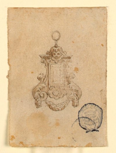 Diseño para un colgante con volutas de hojas y cabeza de niño de Unknown artist