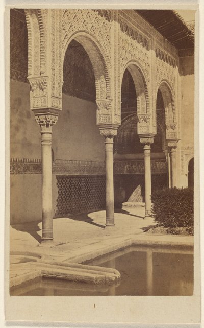 [Detalle de las columnas, con parte de la piscina reflectante visible, la Alhambra]. de Unknown artist