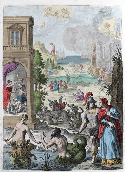 Diferentes metamorfosis, en primer plano Escila y el dios marino Glaucos enamorado de ella, en el fondo el ahorcado Ifis rechazado por Anaxarete. Ilustración tomada del libro XIV de “Metamorfosis” de Ovidio (43 a.C.-17 d.C.). Grabado de Unknown artist