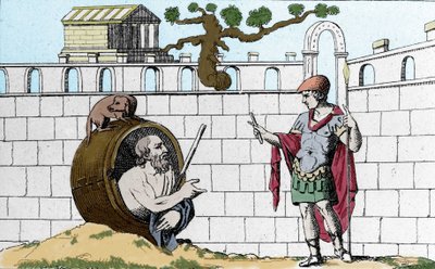Diógenes el Cínico (413-327 a.C.), filósofo griego, en su barril dice a Alejandro Magno "Déjame ver mi sol" de Unknown artist