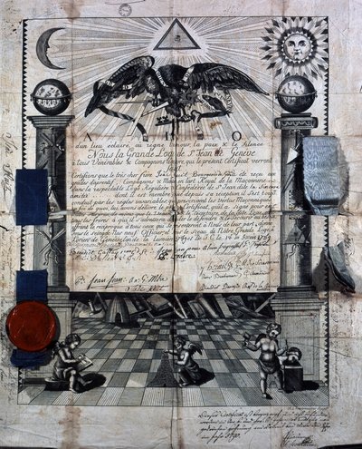 Diploma de Isaac Huit como Compañero y Maestro en el Arte Real de la Masonería, otorgado en 1789 por la Gran Logia de San Juan en Ginebra. de Unknown artist