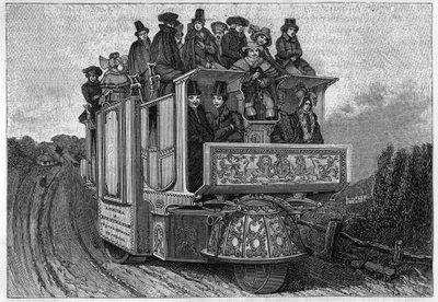Coche mecánico de tres ruedas del Doctor Ghurch construido en Birmingham en 1833. Grabado italiano del siglo XIX. de Unknown artist