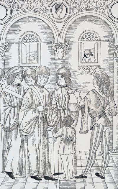 Doctor examinando la orina de los pacientes, xilografía de Unknown artist
