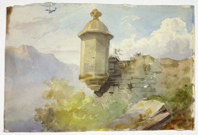Mirador abovedado sobre un muro en un paisaje montañoso (anverso); Figuras cruzando un puente ante la montaña (reverso) de Unknown artist