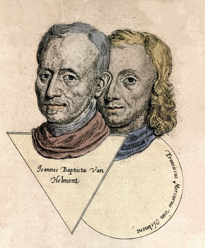 Doble retrato del químico belga Jean Baptiste von Helmont (Jan Baptist van Helmont) (1577-1644) y François Mercure van Helmont (1614-1699). Grabado de Unknown artist