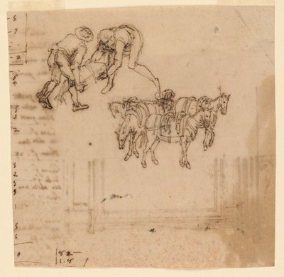 Dibujo: A) Dos hombres llevando un baúl; cuatro mulas con un conductor. B) Proyecto para un marco de Unknown artist