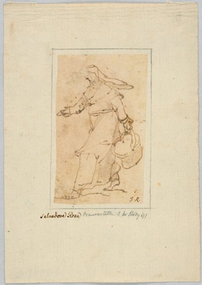 Dibujo: Boceto de una mujer caminando y llevando una cesta de Unknown artist