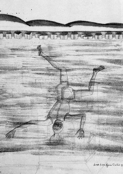Dibujo del siglo XV que muestra a un hombre entrando al agua con algún tipo de máscara de Unknown artist