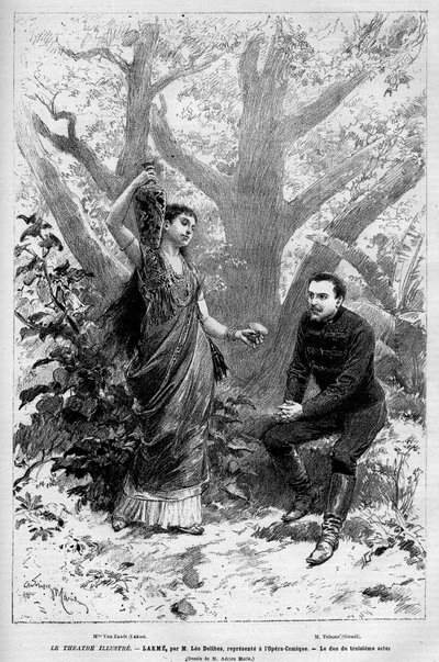Dúo del tercer acto con la cantante Marie van Zandt de la ópera "Lakme" de Leo Delibes, Edmond Gondinet y Philippe Gille representada por primera vez el 14 de abril de 1883 en la Ópera Cómica de París. Grabado en "Le Monde illustré" 1883. Colección privada de Unknown artist