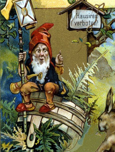 Enano o farfadet con linterna. Cromolitografía del siglo XIX. de Unknown artist