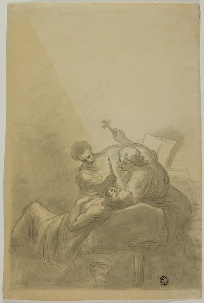 Hombre Moribundo Atendido por Dos Figuras Sosteniendo Vela, Libro y Cruz de Unknown artist
