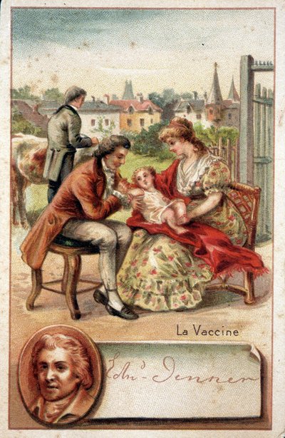 Edward Jenner (1749-1823), médico inglés, inocula a un niño con el virus de la viruela en 1796 de Unknown artist
