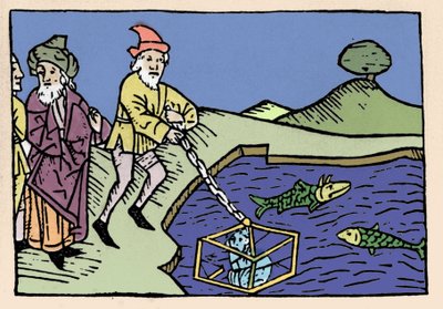 Emperador Alejandro Magno (356-323 a.C.) puesto en el mar en un barril (campana). Xilografía del siglo XV de Unknown artist