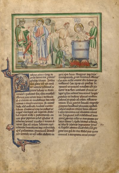El emperador Domiciano hablando a San Juan Evangelista y San Juan Evangelista en una cuba de aceite hirviendo de Unknown artist