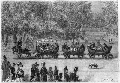 Rieles sin fin adaptados a un tren de coches tirados por cabras en el Jardín de las Tullerías en París (por naturaleza). Grabado en "La Nature: revue des sciences et de leurs aplicaciones aux arts et a l