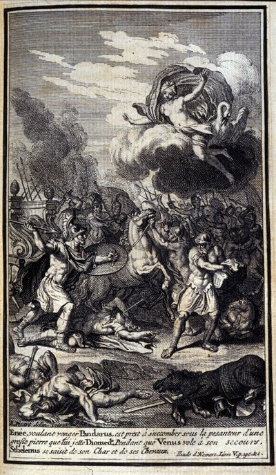 Eneas, queriendo vengar a Pándaro, está a punto de sucumbir bajo el peso de una gran piedra que Diomedes lanza. Mientras Venus vuela a su rescate, Esteleno agarra su carro y caballos. Ilustración del libro V de la Ilíada de Homero, edición francesa de Unknown artist