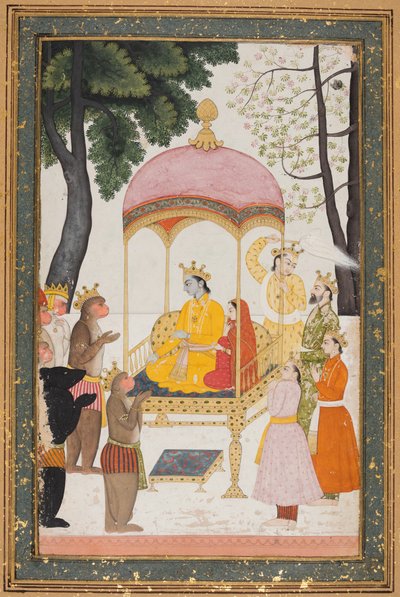Rama y Sita entronizados reciben homenaje de sus aliados mono y oso de Unknown artist