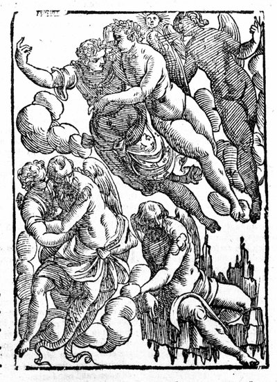 Eolo (abajo a la derecha) y los vientos. “Mythologiae sive explicationes fabularum” de Natalis Comitis. Padua 1677. de Unknown artist