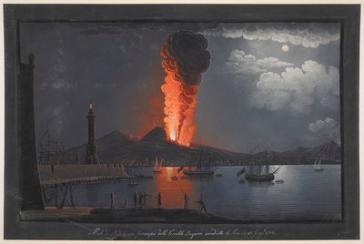 Erupción del Vesubio.
Escena nocturna, con un grupo de figuras contemplando la erupción del Vesubio desde la orilla opuesta de la bahía de Nápoles, el faro a la izquierda, barcos navegando a la derecha y la ciudad y el volcán al fondo; dentro del marco p de Unknown artist